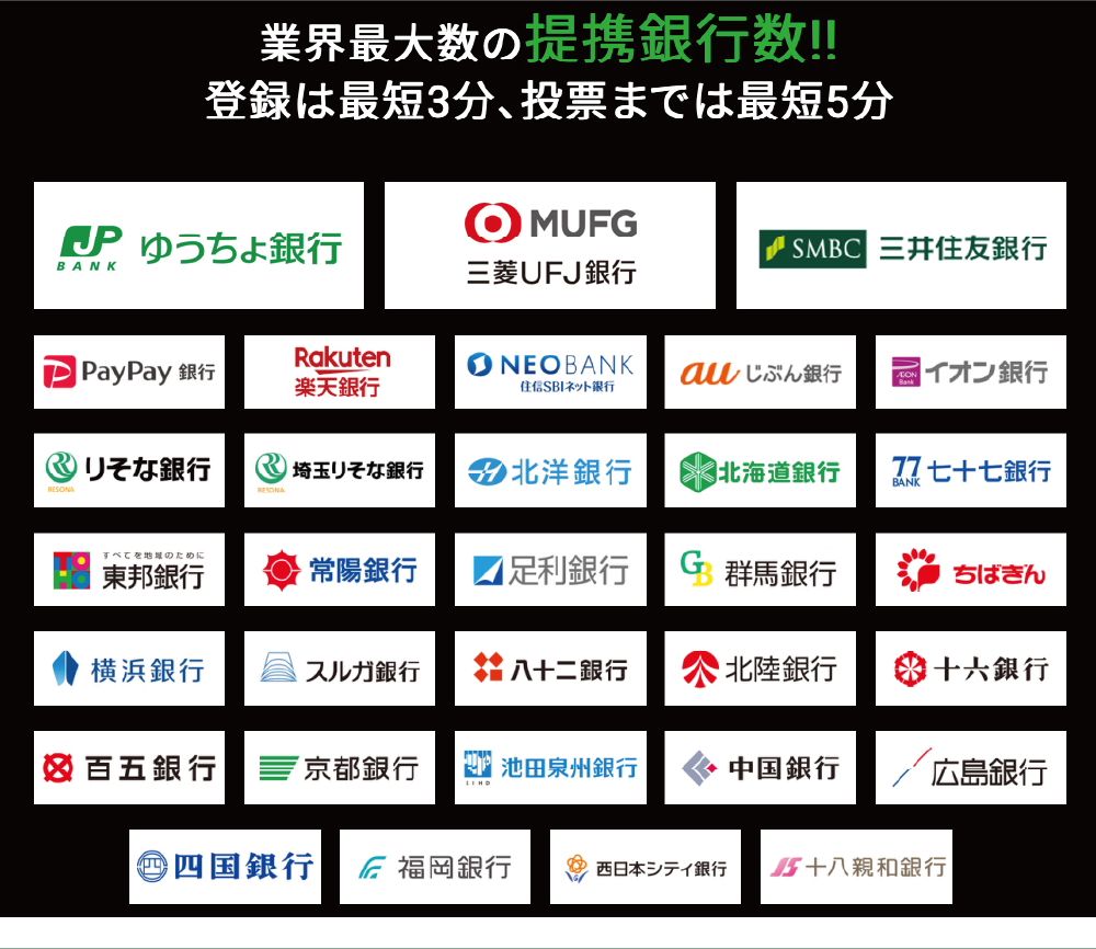 ゆうちょ銀行、三菱UFJ銀行、三井住友銀行、ジャパンネット銀行、楽天銀行、住信SBI銀行、じぶん銀行、りそな銀行、埼玉りそな銀行、北洋銀行、七十七銀行、群馬銀行、常陽銀行、ちばぎん、横浜銀行、北陸銀行、スルガ銀行、八十二銀行、十六銀行、京都銀行、中国銀行、広島銀行、福岡銀行、西日本シティ銀行